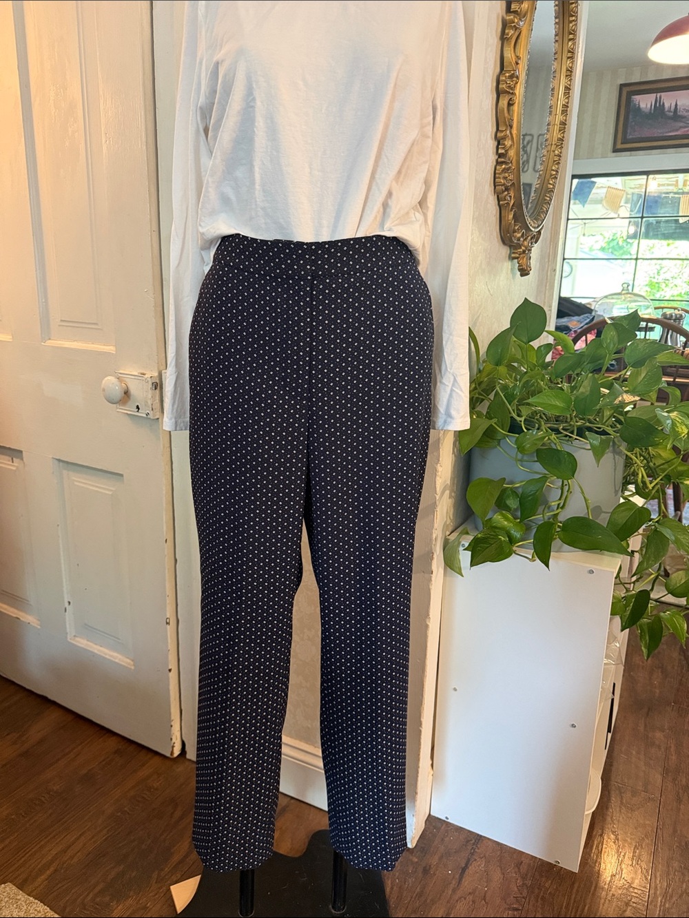 J Crew Navy Blue Micro Dot Patterned Ankle Pant Sz 14